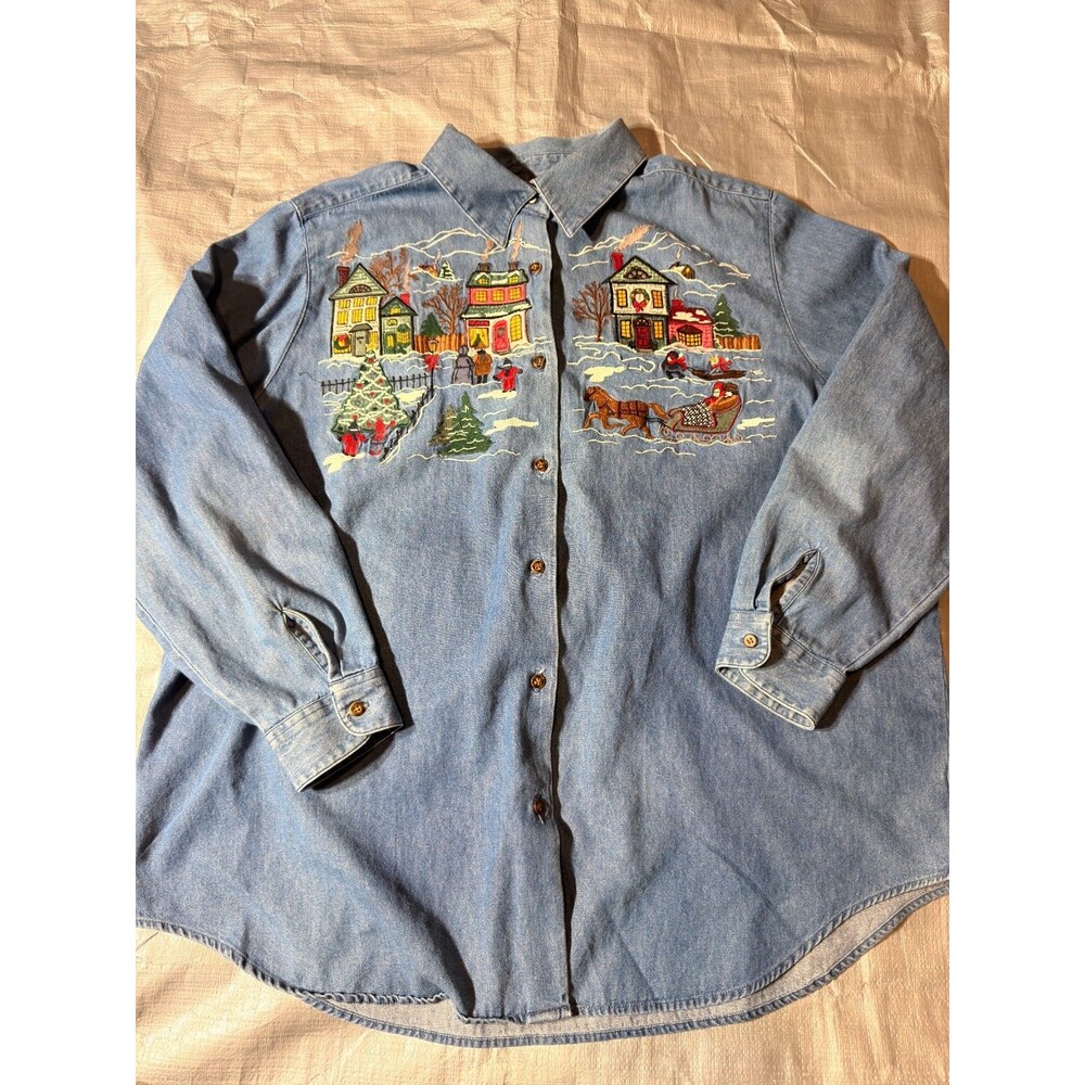 Vintage Karen Scott Denim Shirt Womens 1X Embroidered Christmas Village Sleigh 9
